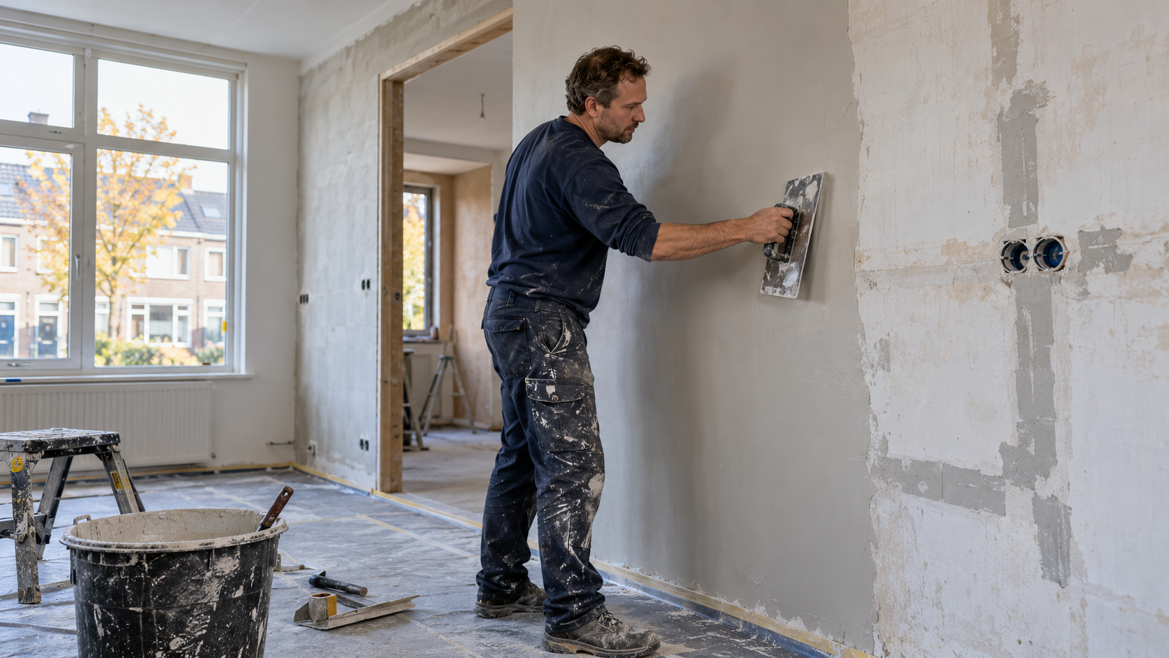 Stukadoor werkt een wand af in een woning tijdens een verbouwing.